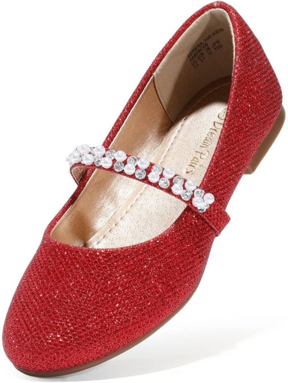 Women Red Sparkle Pat Round Toe Pearl Straps Flower Straps Mary Jane Ballet Flat